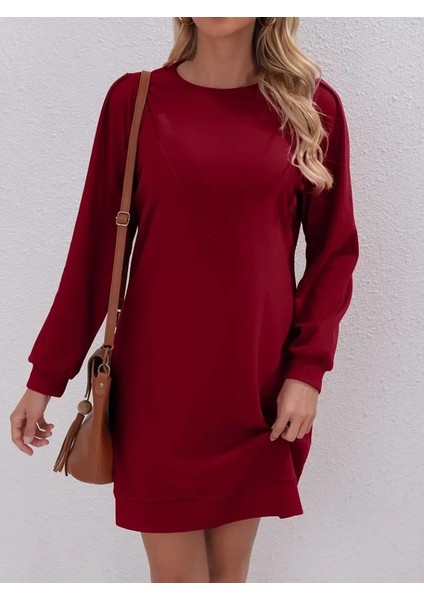 Mottisfashion Kadın Uzun Kollu Bisiklet Yaka Iki Iplik Elbise