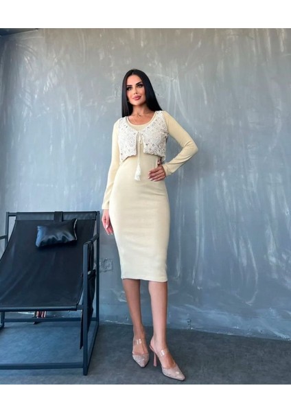 Mottisfashion Kadın Bisiklet Yaka Midi Boy Elbise ve Dantel Güpür Detay Yelek Fırsat Ürün Ikili Takım