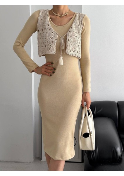 Mottisfashion Kadın Bisiklet Yaka Midi Boy Elbise ve Dantel Güpür Detay Yelek Fırsat Ürün Ikili Takım