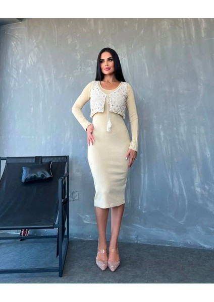 Mottisfashion Kadın Bisiklet Yaka Midi Boy Elbise ve Dantel Güpür Detay Yelek Fırsat Ürün Ikili Takım