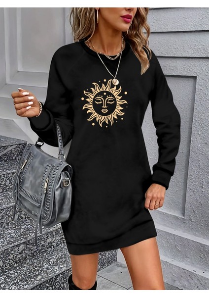 Mottisfashion Kadın Uzun Kollu Bisiklet Yaka Güneş Desenli Viskon Iki Iplik Elbise modelleri