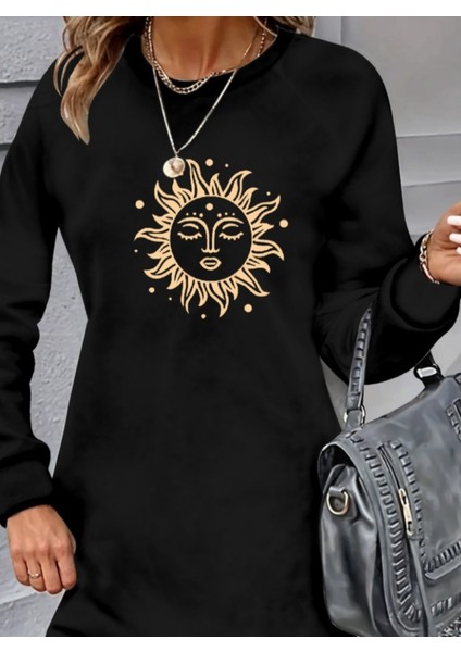 Mottisfashion Kadın Uzun Kollu Bisiklet Yaka Güneş Desenli Viskon Iki Iplik Elbise