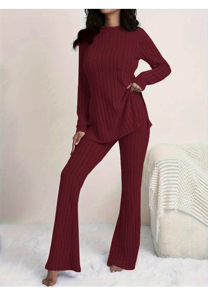 Mottisfashion Kadın Uzun Kollu Yuvarlak Yaka Yandan Yırtmaç Detaylı Şardonlu Kaşkorse Bluz ve Pantolon Ikili Takım