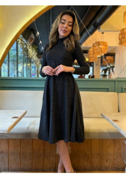 Mottisfashion Kadın Uzun Kollu Balıkçı Yaka Kemer Detaylı Yumoş Midi Elbise fırsatları