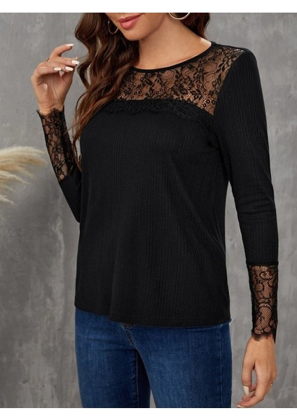 Mottisfashion Kadın Uzun Kollu Bisiklet Yaka Dantel Detaylı Burgu Bluz