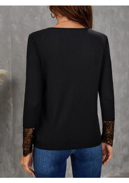 Mottisfashion Kadın Uzun Kollu Bisiklet Yaka Dantel Detaylı Burgu Bluz fiyatları