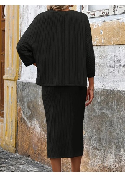 Mottisfashion Kadın Uzun Kollu Yakası Açık Yarasa Kollu Şardonlu Kaşkorse Bluz ve Etek Takım indirimleri