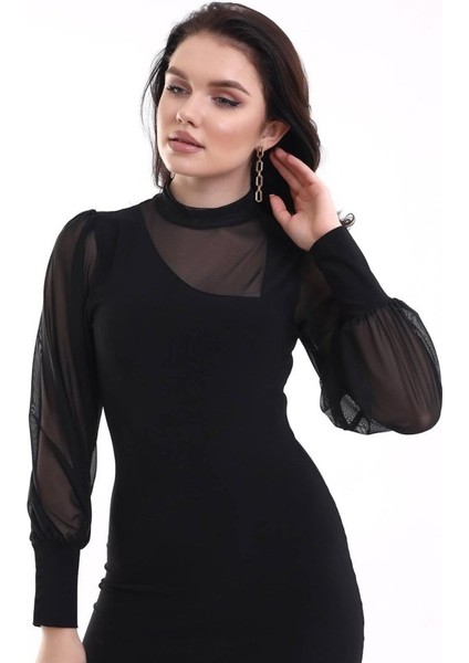 Mottisfashion Kadın Balıkçı Yaka Transparan Detay Fırsat Ürün Sandy Kumaş Mini Elbise