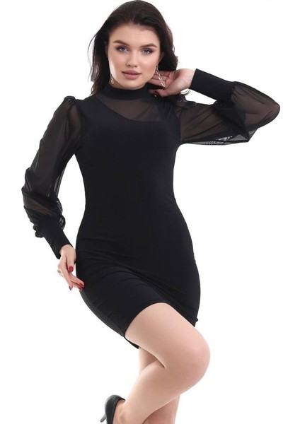 Mottisfashion Kadın Balıkçı Yaka Transparan Detay Fırsat Ürün Sandy Kumaş Mini Elbise