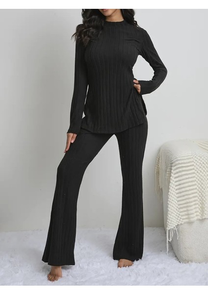 Mottisfashion Kadın Uzun Kollu Yuvarlak Yaka Yandan Yırtmaç Detaylı Şardonlu Kaşkorse Bluz ve Pantolon Ikili Takım modelleri