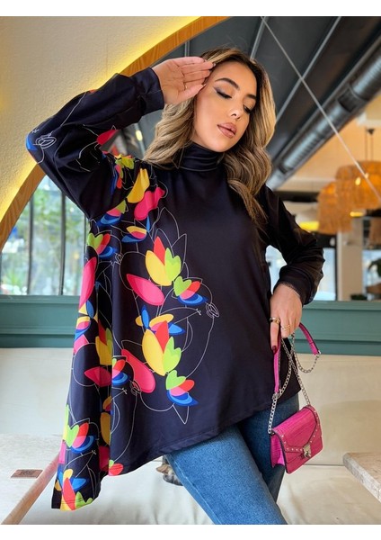 Mottisfashion Kadın Uzun Kollu Balıkçı Yaka Asimetrik Kesim Dalgıç Kumaş Bluz