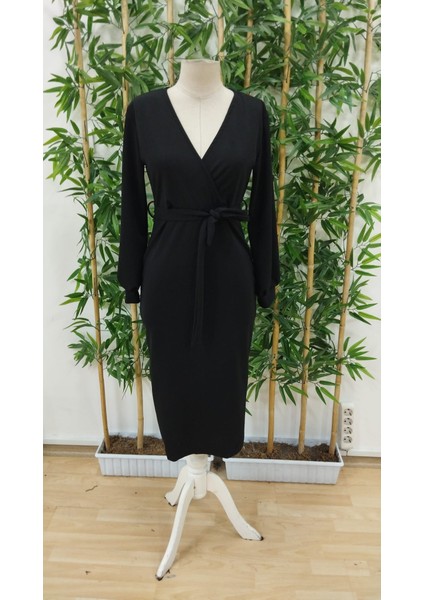 Mottisfashion Kadın Uzun Kollu Kruvaze Yaka Belden Kuşaklı Midi Ithal Krep Elbise indirimleri