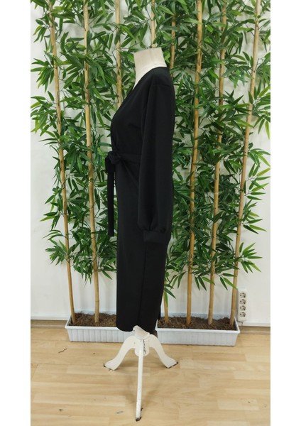 Mottisfashion Kadın Uzun Kollu Kruvaze Yaka Belden Kuşaklı Midi Ithal Krep Elbise