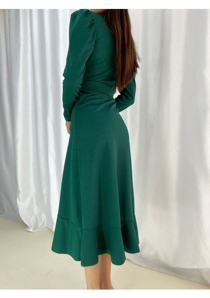Mottisfashion Kadın Yeşil Krep Kumaş Midi Boy Kuşaklı Uzunkol Elbise modelleri