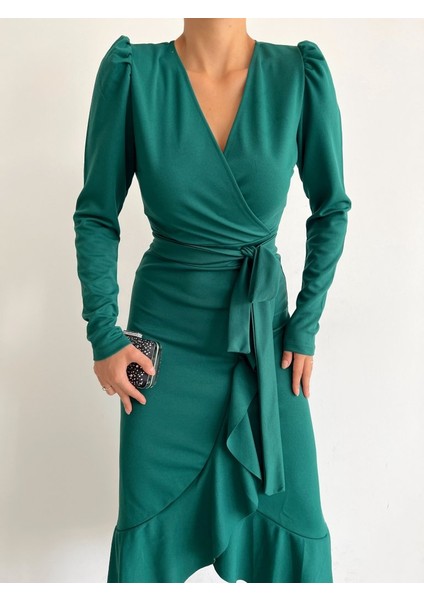Mottisfashion Kadın Yeşil Krep Kumaş Midi Boy Kuşaklı Uzunkol Elbise fırsatları