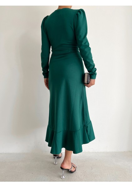 Mottisfashion Kadın Yeşil Krep Kumaş Midi Boy Kuşaklı Uzunkol Elbise indirimleri