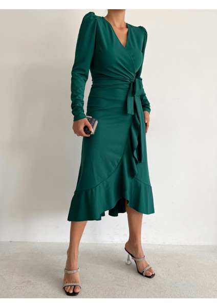 Mottisfashion Kadın Yeşil Krep Kumaş Midi Boy Kuşaklı Uzunkol Elbise