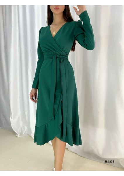 Mottisfashion Kadın Yeşil Krep Kumaş Midi Boy Kuşaklı Uzunkol Elbise