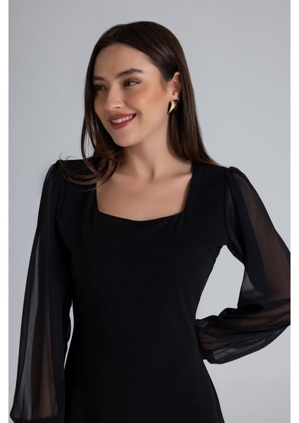 Mottisfashion Kadın Kare Yaka Kolları Tül Sandy Kumaş Fırsat Ürün Mini Siyah Elbise fırsatları