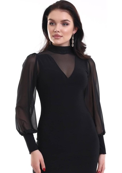 Mottisfashion Kadın Balıkçı Yaka Transparan Detay Fırsat Ürün Sandy Kumaş Mini Elbise modelleri
