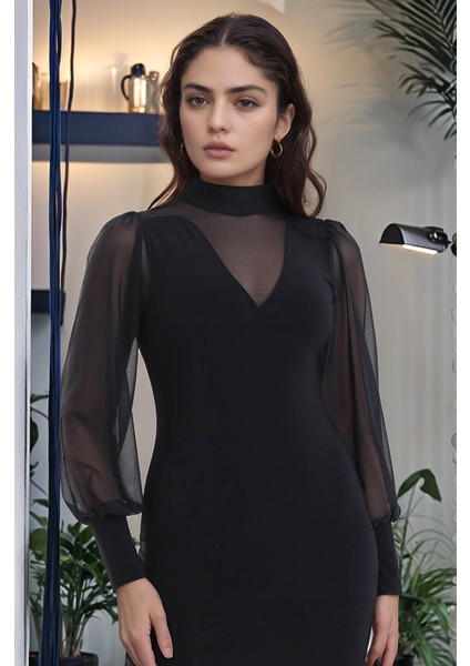 Mottisfashion Kadın Balıkçı Yaka Transparan Detay Fırsat Ürün Sandy Kumaş Mini Elbise