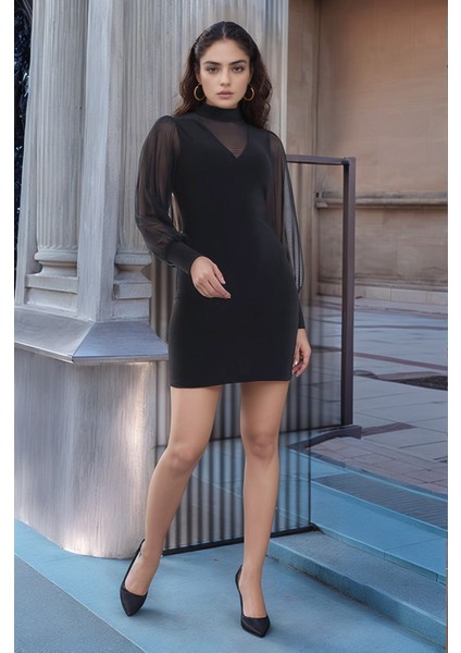 Mottisfashion Kadın Balıkçı Yaka Transparan Detay Fırsat Ürün Sandy Kumaş Mini Elbise