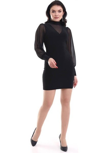 Mottisfashion Kadın Balıkçı Yaka Transparan Detay Fırsat Ürün Sandy Kumaş Mini Elbise