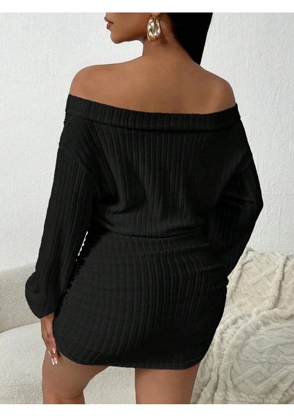 Mottisfashion Kadın Uzun Kollu Omuzlardan Açık Yanlardan Büzgülü Şardonlu Kaşkorse Elbise