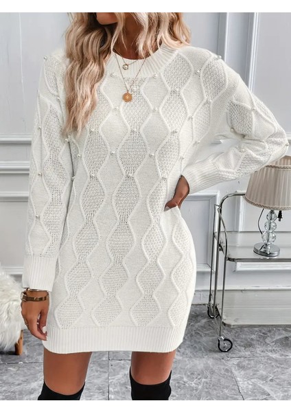 Mottisfashion Kadın Uzun Kollu Bisiklet Yaka Desenli Triko Elbise indirimleri