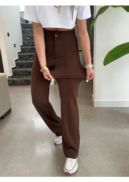 Mottisfashion Kadın Yüksek Bel Full Likralı Krep Kumaş Pantolon