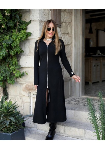 Mottisfashion Kadın Uzun Kollu Önden Fermuarlı Ithal Krep Elbise