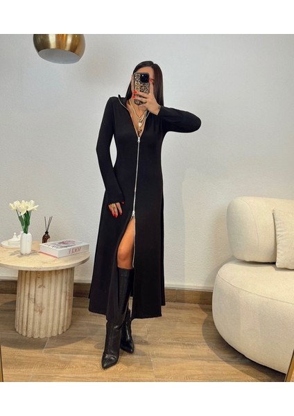 Mottisfashion Kadın Uzun Kollu Önden Fermuarlı Ithal Krep Elbise