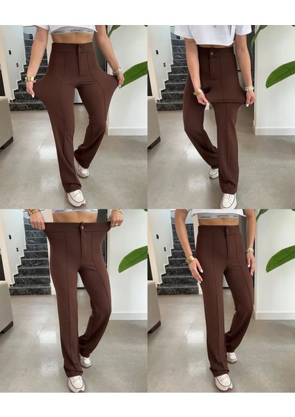 Mottisfashion Kadın Yüksek Bel Full Likralı Krep Kumaş Pantolon