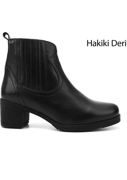 Kadın Siyah Fermuarlı Kalın Topuklu Hakiki Deri Bot