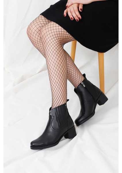 Kadın Siyah Fermuarlı Kalın Topuklu Hakiki Deri Bot fiyatları