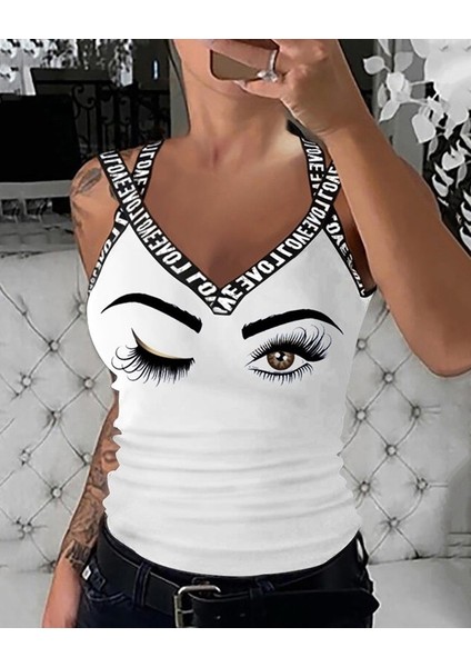 Mottisfashion Kadın Çapraz Love Şeritli Göz Baskılı Viskon Bluz