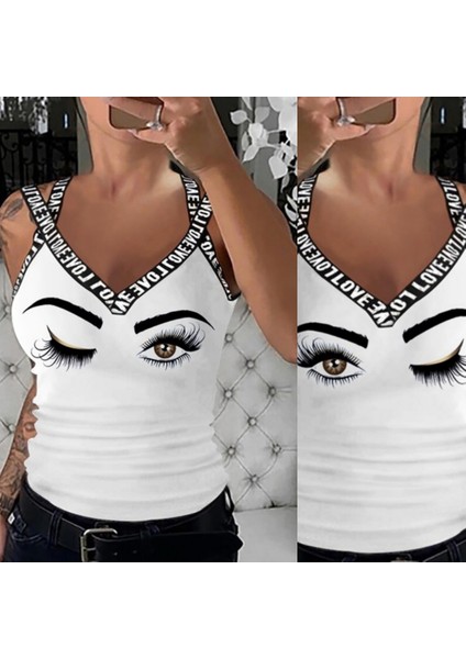 Mottisfashion Kadın Çapraz Love Şeritli Göz Baskılı Viskon Bluz modelleri