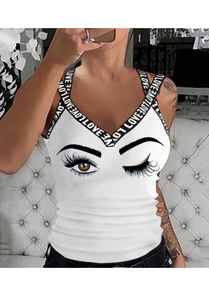 Mottisfashion Kadın Çapraz Love Şeritli Göz Baskılı Viskon Bluz