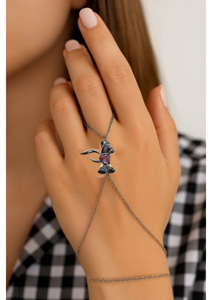 Gümüş Renk Pembe Taş Fiyonk Çelik Şahmeran - 3560