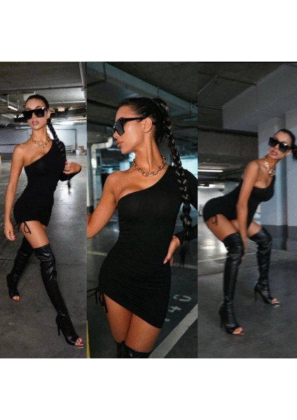 Mottisfashion Kadın Omuz Dekolteli Asansör Büzgü Detay Fırsat Ürün Mini Siyah Elbise
