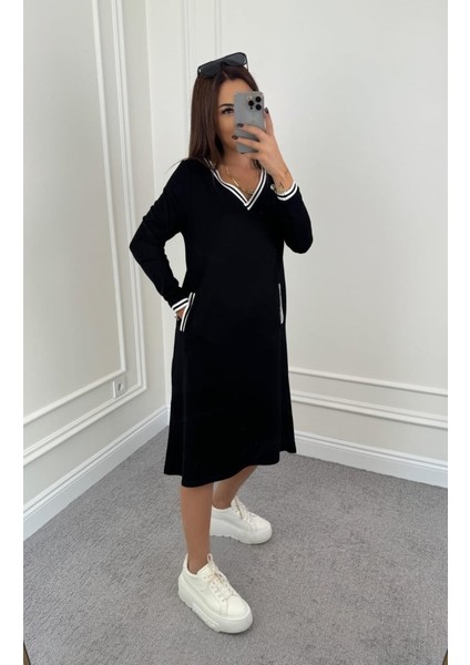 Mottisfashion Kadın Uzun Kollu V Yakalı Şerit Detaylı Cepli Midi Viskon Iki Iplik Elbise