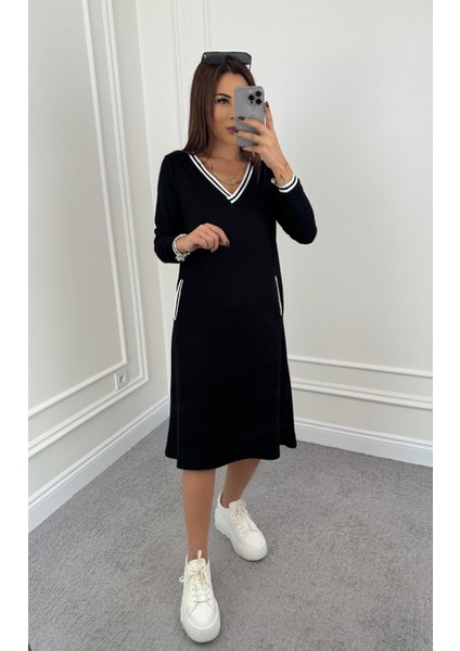 Mottisfashion Kadın Uzun Kollu V Yakalı Şerit Detaylı Cepli Midi Viskon Iki Iplik Elbise fiyatları