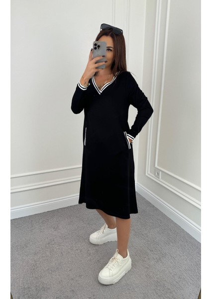 Mottisfashion Kadın Uzun Kollu V Yakalı Şerit Detaylı Cepli Midi Viskon Iki Iplik Elbise modelleri