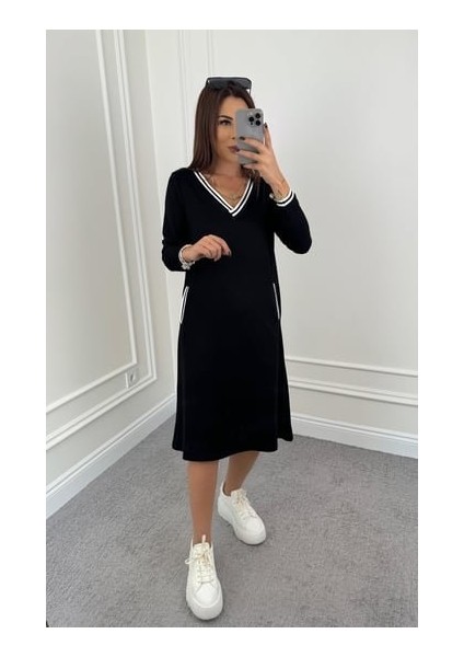 Mottisfashion Kadın Uzun Kollu V Yakalı Şerit Detaylı Cepli Midi Viskon Iki Iplik Elbise indirimleri