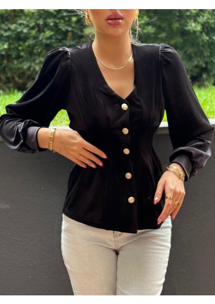 Mottisfashion Kadın Uzun Kollu V Yakalı Önden Düğmeli Kısa Kadife Bluz