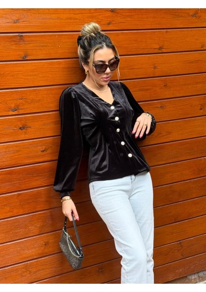 Mottisfashion Kadın Uzun Kollu V Yakalı Önden Düğmeli Kısa Kadife Bluz