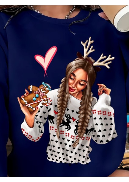 Mottisfashion Kadın Yılbaşı Özel Uzun Kollu Bisiklet Yaka Desenli Viskon Iki Iplik Bluz