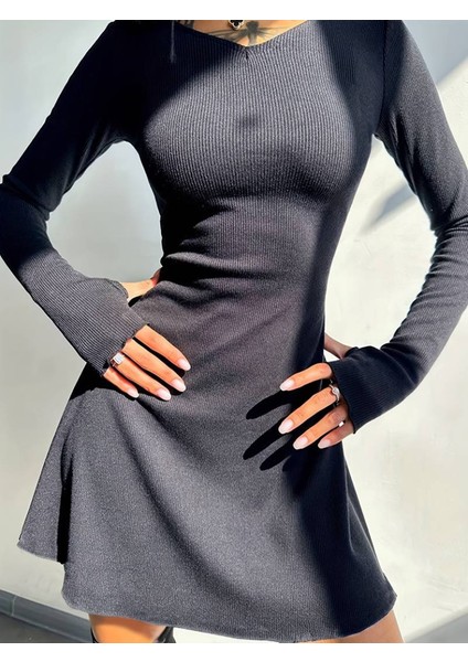 Mottisfashion Kadın Uzun Kollu Bisiklet Yaka Kısa Kaşkorse Elbise