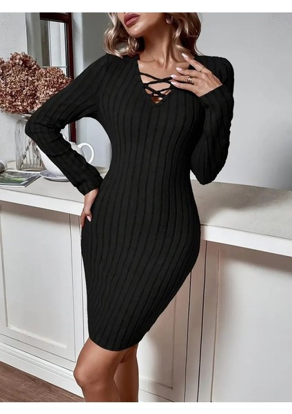 Mottisfashion Kadın Uzun Kollu V Yakalı Çapraz Şerit Detaylı Şardonlu Kaşkorse Midi Elbise
