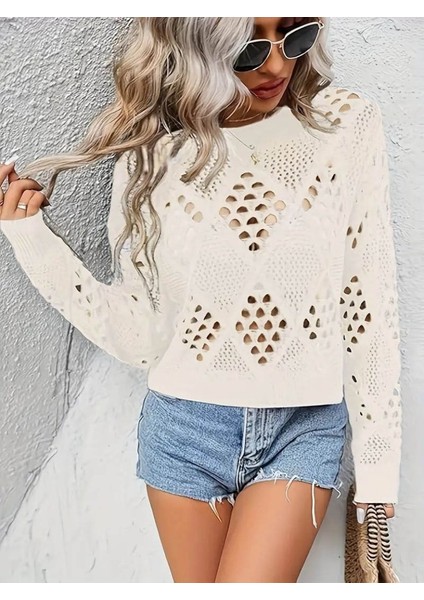 Mottisfashion Kadın Uzun Kollu Yuvarlak Yaka Delik Desenli Triko Bluz